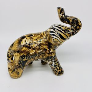 La Vie Elephant Figurine Raised Trunk Glazed Patchwork African Safari Animal